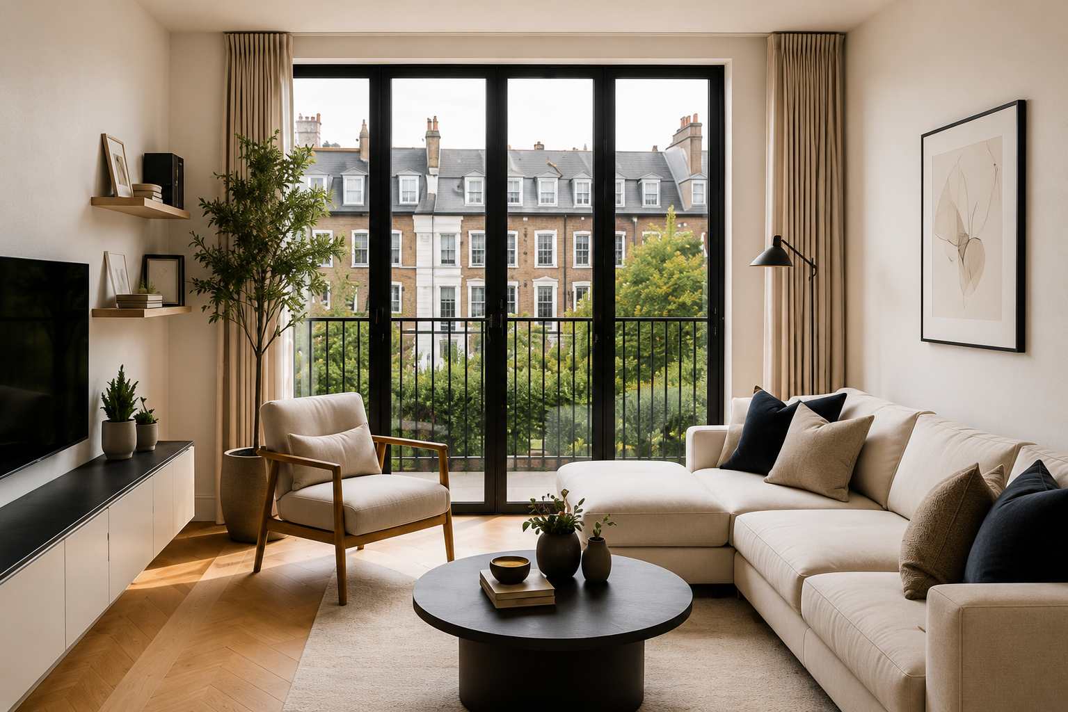 Elegant London apartment interior with large black-framed windows and refined furnishings.